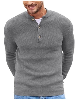 Men Henley Knit Sweater Dress Long Sleeve Button Pullover Sweater Casual Sweater