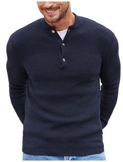 Men Henley Knit Sweater Dress Long Sleeve Button Pullover Sweater Casual Sweater