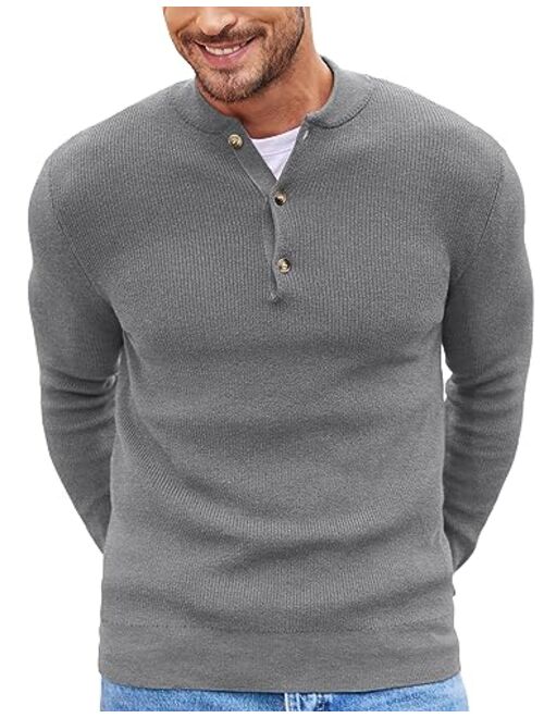 COOFANDY Men Henley Knit Sweater Dress Long Sleeve Button Pullover Sweater Casual Sweater