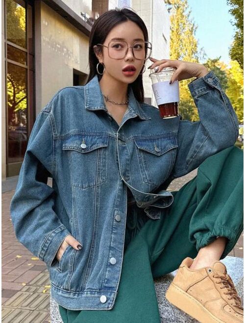 Shein DAZY Flap Detail Drop Shoulder Denim Jacket