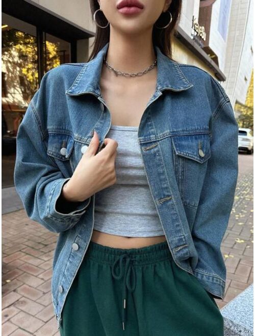 Shein DAZY Flap Detail Drop Shoulder Denim Jacket