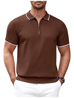 Men's Zipper Polo Shirt Casual Knit Short Sleeve Polo T Shirt Classic Fit Shirts