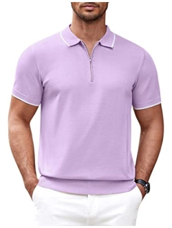 Men's Zipper Polo Shirt Casual Knit Short Sleeve Polo T Shirt Classic Fit Shirts