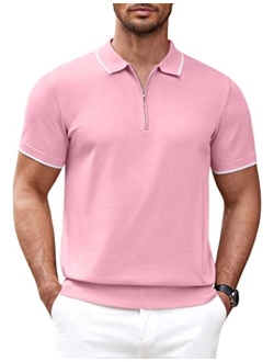 Men's Zipper Polo Shirt Casual Knit Short Sleeve Polo T Shirt Classic Fit Shirts