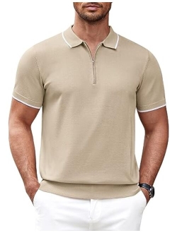 Men's Zipper Polo Shirt Casual Knit Short Sleeve Polo T Shirt Classic Fit Shirts