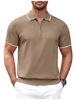 Men's Zipper Polo Shirt Casual Knit Short Sleeve Polo T Shirt Classic Fit Shirts