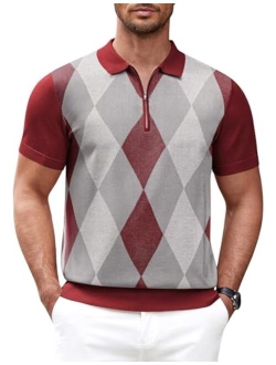 Men's Zipper Polo Shirt Casual Knit Short Sleeve Polo T Shirt Classic Fit Shirts