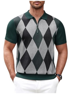 Men's Zipper Polo Shirt Casual Knit Short Sleeve Polo T Shirt Classic Fit Shirts