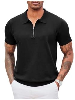 Men's Zipper Polo Shirt Casual Knit Short Sleeve Polo T Shirt Classic Fit Shirts