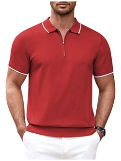 Men's Zipper Polo Shirt Casual Knit Short Sleeve Polo T Shirt Classic Fit Shirts