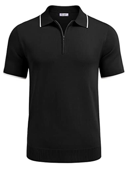 COOFANDY Men's Zipper Polo Shirt Casual Knit Short Sleeve Polo T Shirt Classic Fit Shirts