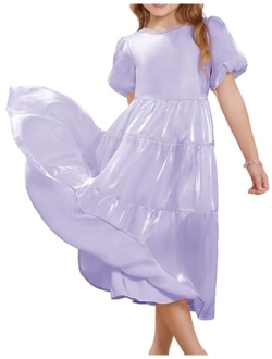 Girls Spring Summer Crewneck Short Sleeves Layered Hem Flowing Maxi Dresses 5-12Y