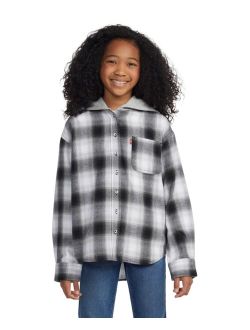 Big Girls Long Sleeve Button Up Woven Flannel Top with Hood