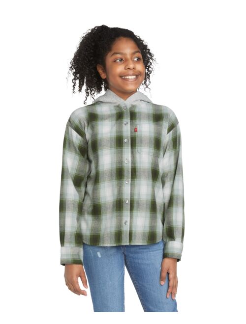 LEVI'S Big Girls Long Sleeve Button Up Woven Flannel Top with Hood