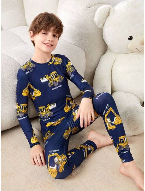 SHEIN Kids SHEIN Boys' Casual Tight-fit Excavator Pattern T-shirt And Long Pants Set, Home Wear