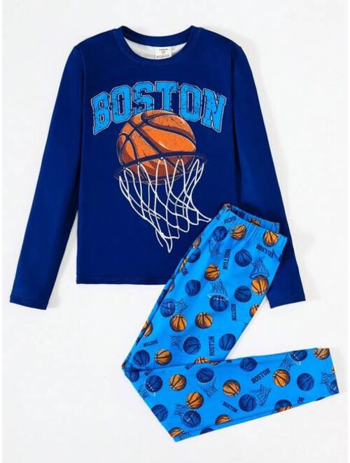 SHEIN Kids SHEIN Tween Boys' Bodycon Casual Round Neck Basketball Pattern T-shirt And Long Pants Homewear Set