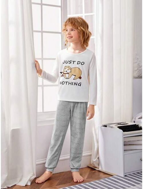 SHEIN Kids Tween Boy Slogan & Sloth Print PJ Set