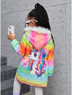 SHEIN Kids QTFun Young Girl Cartoon Colorful Unicorn Collar Thickened Warm Coat For Autumn And Winter