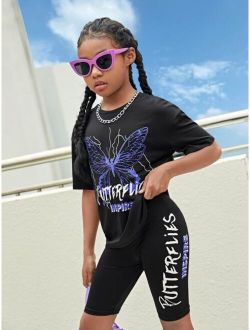 SHEIN Kids Cooltwn Tween Girl Letter & Butterfly Print Drop Shoulder Tee & Biker Shorts