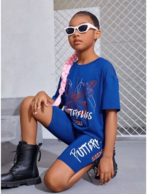 SHEIN Kids Cooltwn Tween Girl Letter & Butterfly Print Drop Shoulder Tee & Biker Shorts