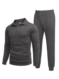 Men's Tracksuit 2 Piece Quarter Zip Sweatsuit Workout Plaid Jacquard Jogging Suit Set