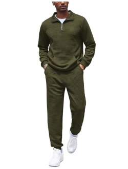 Men's Tracksuit 2 Piece Quarter Zip Sweatsuit Workout Plaid Jacquard Jogging Suit Set