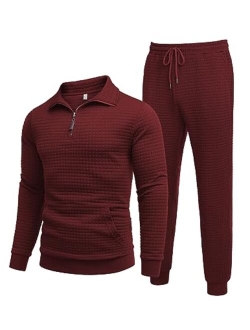 Men's Tracksuit 2 Piece Quarter Zip Sweatsuit Workout Plaid Jacquard Jogging Suit Set