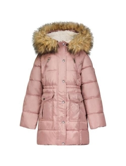 Girl's Faux Fur Trim Warm Winter Parka Coat with Cinch Waist, Kids