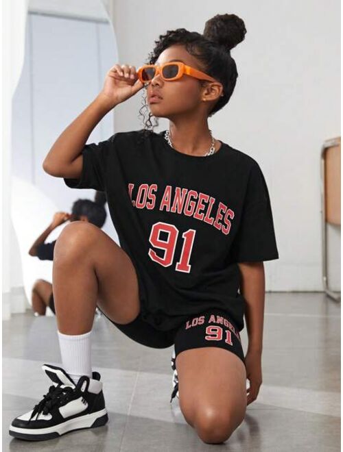 SHEIN Kids Cooltwn Tween Girl Letter Graphic Drop Shoulder Tee & Biker Shorts