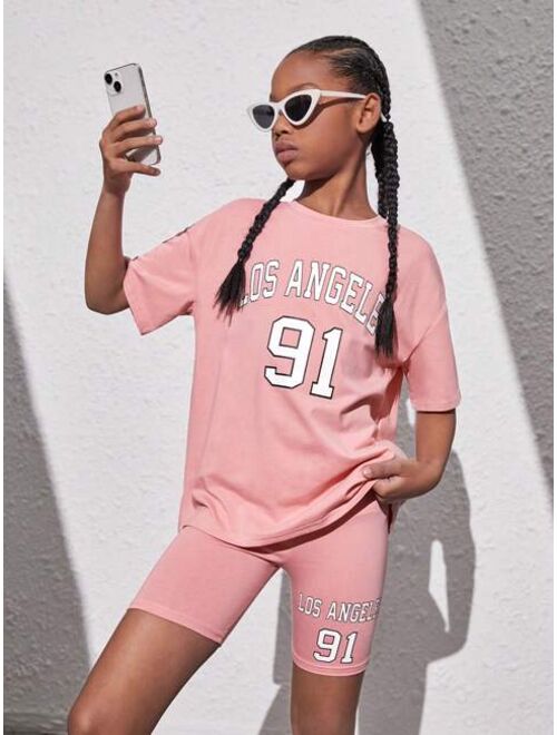 SHEIN Kids Cooltwn Tween Girl Letter Graphic Drop Shoulder Tee & Biker Shorts