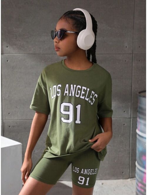 SHEIN Kids Cooltwn Tween Girl Letter Graphic Drop Shoulder Tee & Biker Shorts