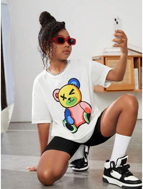 SHEIN Kids Cooltwn Tween Girl Bear Print Drop Shoulder Tee & Biker Shorts