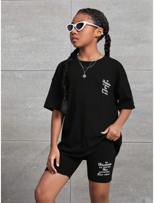 SHEIN Kids Cooltwn Tween Girl Slogan Graphic Drop Shoulder Tee & Biker Shorts