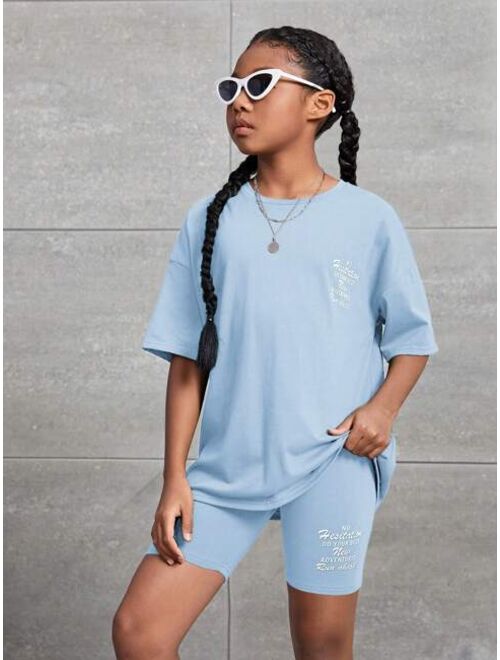 SHEIN Kids Cooltwn Tween Girl Slogan Graphic Drop Shoulder Tee & Biker Shorts