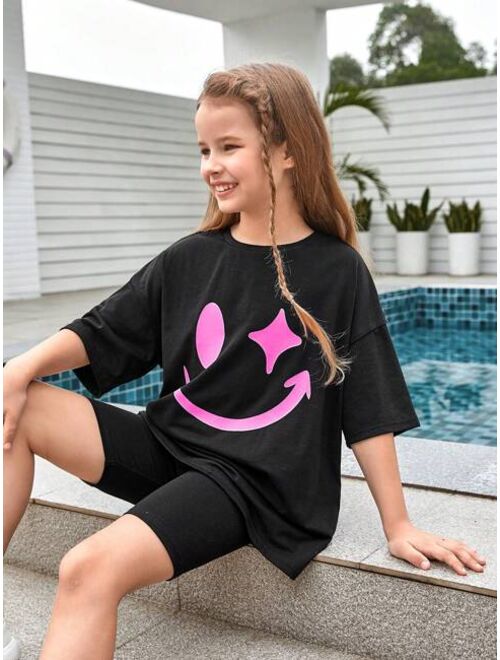 SHEIN Kids KDOMO Tween Girl Cartoon Graphic Drop Shoulder Tee & Biker Shorts