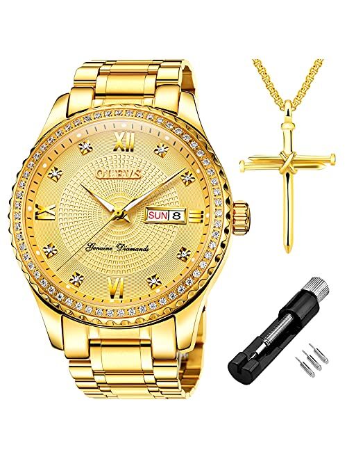 OLEVS Diamond Watches for Men,Business Dress Watch Waterproof Luminous,Male Golden Big Dial Luxury Casual Quartz Analog Watches with Day Date Calendar and Stainless Steel