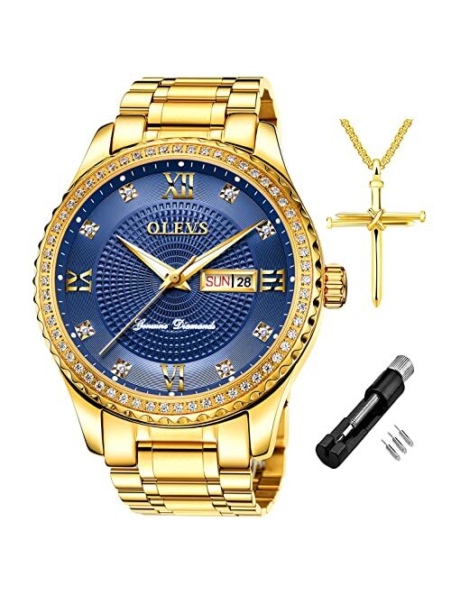 OLEVS Diamond Watches for Men,Business Dress Watch Waterproof Luminous,Male Golden Big Dial Luxury Casual Quartz Analog Watches with Day Date Calendar and Stainless Steel