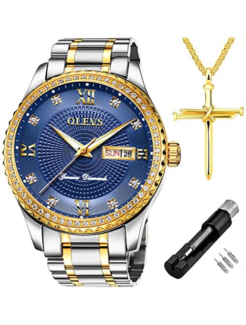 OLEVS Diamond Watches for Men,Business Dress Watch Waterproof Luminous,Male Golden Big Dial Luxury Casual Quartz Analog Watches with Day Date Calendar and Stainless Steel