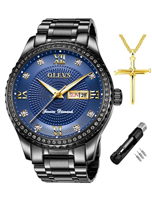 OLEVS Diamond Watches for Men,Business Dress Watch Waterproof Luminous,Male Golden Big Dial Luxury Casual Quartz Analog Watches with Day Date Calendar and Stainless Steel