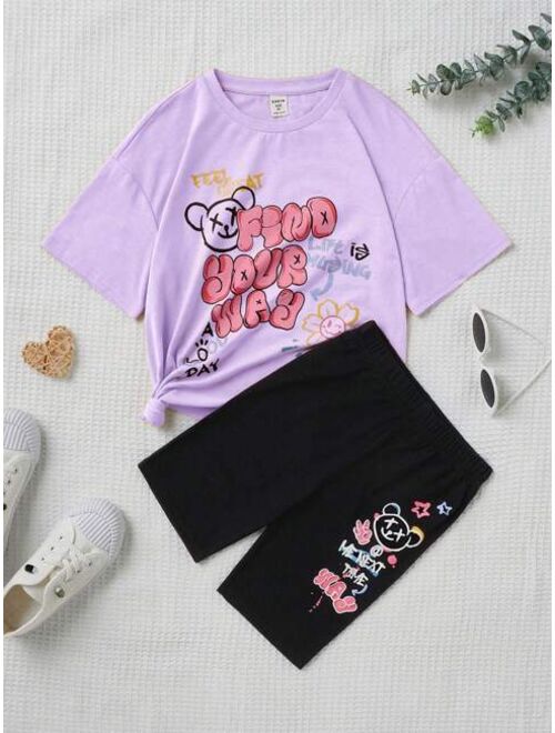 SHEIN Kids Cooltwn Tween Girl Slogan Graphic Drop Shoulder Tee & Biker Shorts