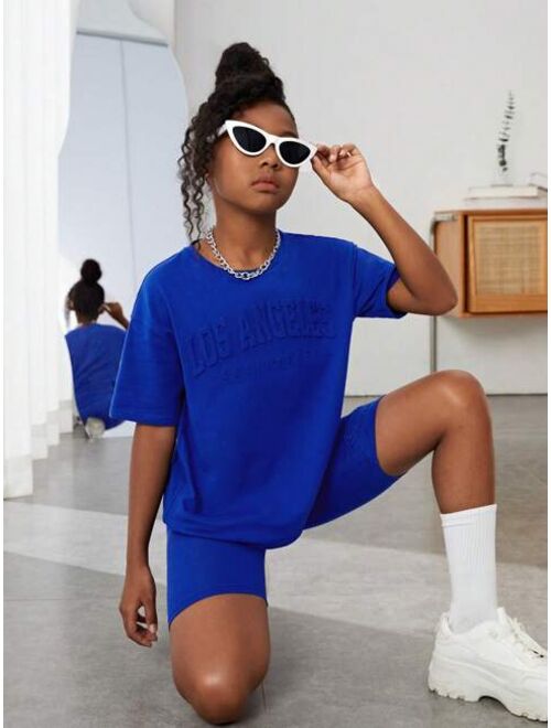 SHEIN Kids Cooltwn Tween Girl Letter Pattern Drop Shoulder Tee & Biker Shorts