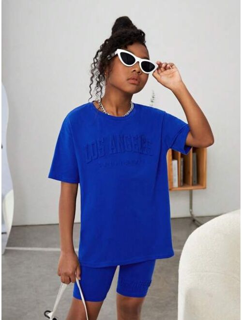 SHEIN Kids Cooltwn Tween Girl Letter Pattern Drop Shoulder Tee & Biker Shorts