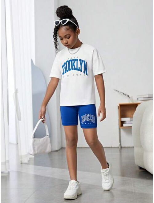 SHEIN Kids EVRYDAY Tween Girl Blue & White Letter Print Casual Sports Two Piece Set With Round Neck And Batwing Sleeves For Summer