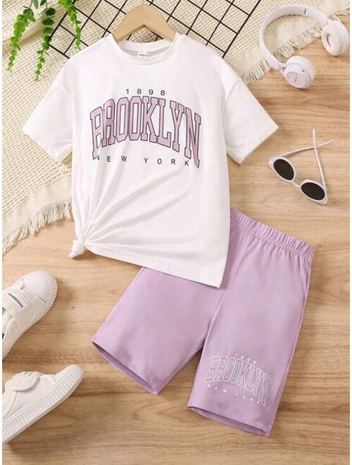 SHEIN Kids EVRYDAY Tween Girl Blue & White Letter Print Casual Sports Two Piece Set With Round Neck And Batwing Sleeves For Summer