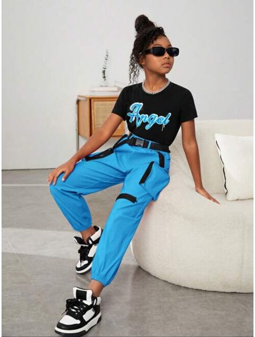 SHEIN Kids Cooltwn Tween Girl Letter Graphic Tee & Buckle Detail Pants