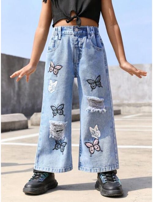 Shein Toddler Girls' Vintage Ripped Butterfly Printed Loose & Comfortable Denim Flare Pants