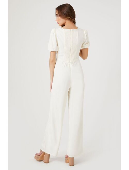 Forever 21 Puff Sleeve Linen Jumpsuit Cream