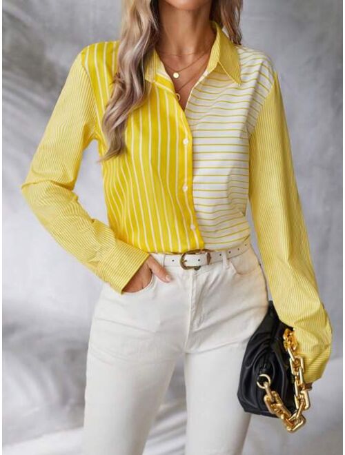 SHEINLONESS Striped Print Button Front Shirt