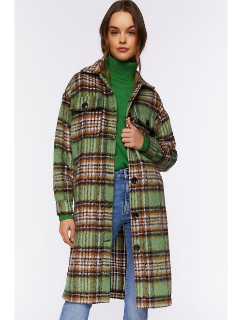 Forever 21 Plaid Buttoned Duster Jacket Sage/Multi