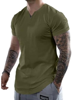 JMIERR Men's Muscle Slim Cotton T Shirts V-Neck Longline Henley Shirt Gym Workout Athletic Tees